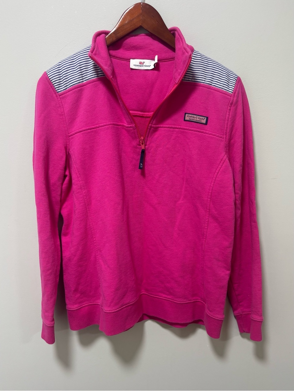 Vineyard Vines 100% Cotton Hot Pink Quarter Zip with Navy White Stripes M